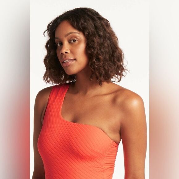 Sea Level Australia One Shoulder Vesper Wide Strap Diagonal One Piece Tangerine - Picture 2 of 14